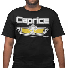 Man wearing T-shirt with chevy Caprice Classic emblem 