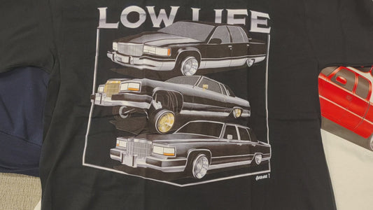Low Life three Cadillac Lowrider T-Shirt, 1990 Coupe DeVille, 1990 Fleetwood Brougham, 1996 Fleetwood Brougham