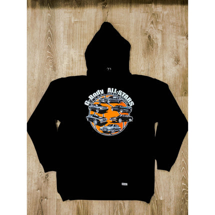 A Hoodie featuring an Oldsmobile Cutlass Supreme, El Camino, Monte Carlo SS, Pontiac Grand Prix, Chevy Malibu, and a Buick Regal. All cars are on 24-inch wheels.